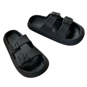 Kids Black Double Buckle Slides‎ Sandals Beach Pool Comfort Slides Size 36-37